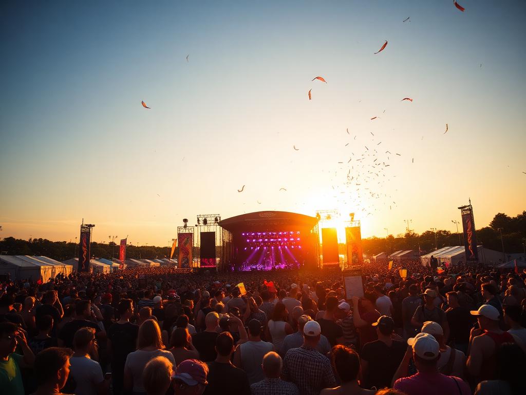 Outdoor festival crowd at golden hour