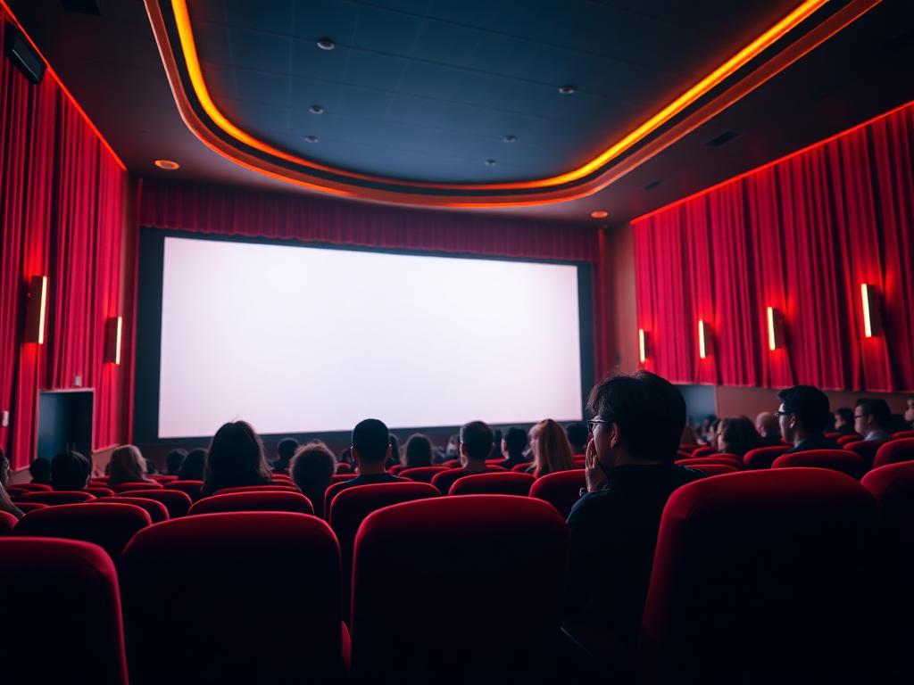 Cinema auditorium with red velvet seats and a glowing screen