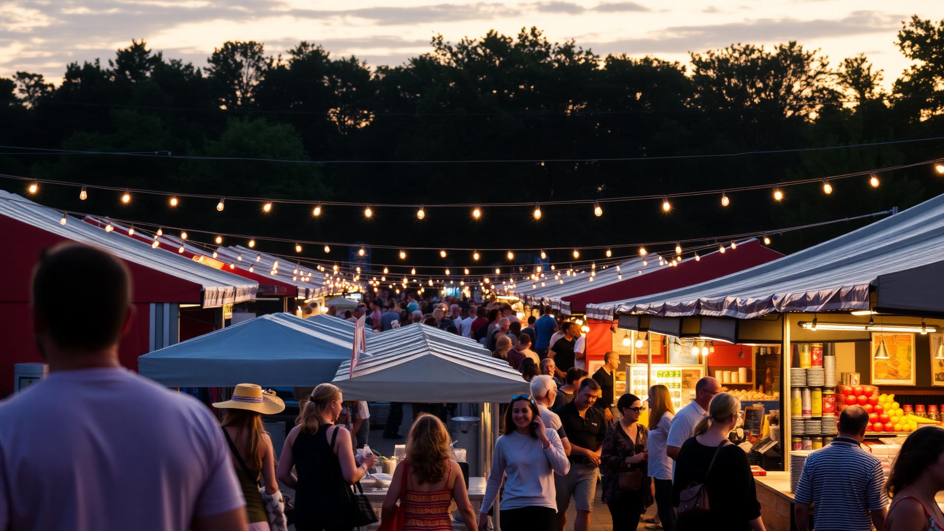 Outdoor food festival at sunset with string lights