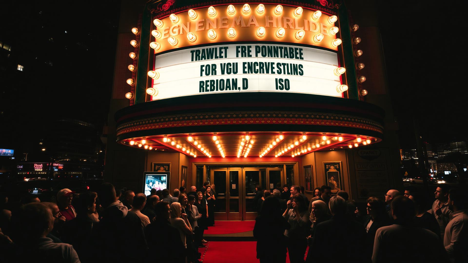 Cinema marquee glowing at night with a crowd on the red carpet