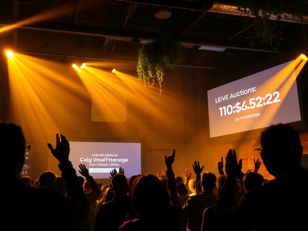 Charity fundraising event with raised hands under warm amber spotlights
